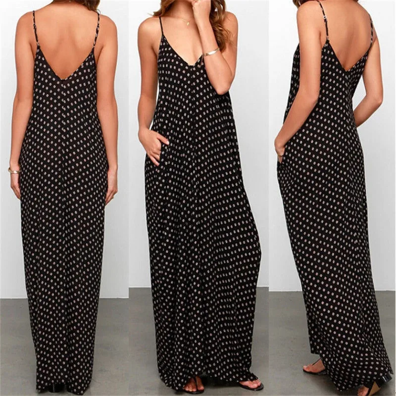 Женское винтажное пляжное платье в горошек Черное Шифоновое Платье Макси без