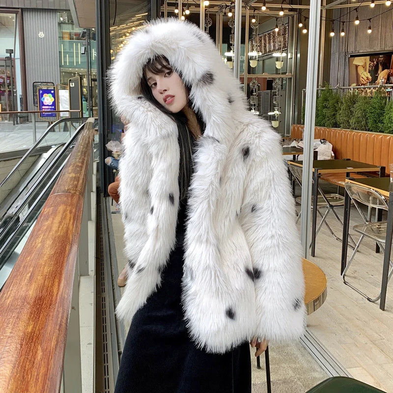 Winter And Autumn New Imitation Fur Coat Women Young Warm Hooded Internet Celebrity Speckle Faux Fur Jacket White Outwear