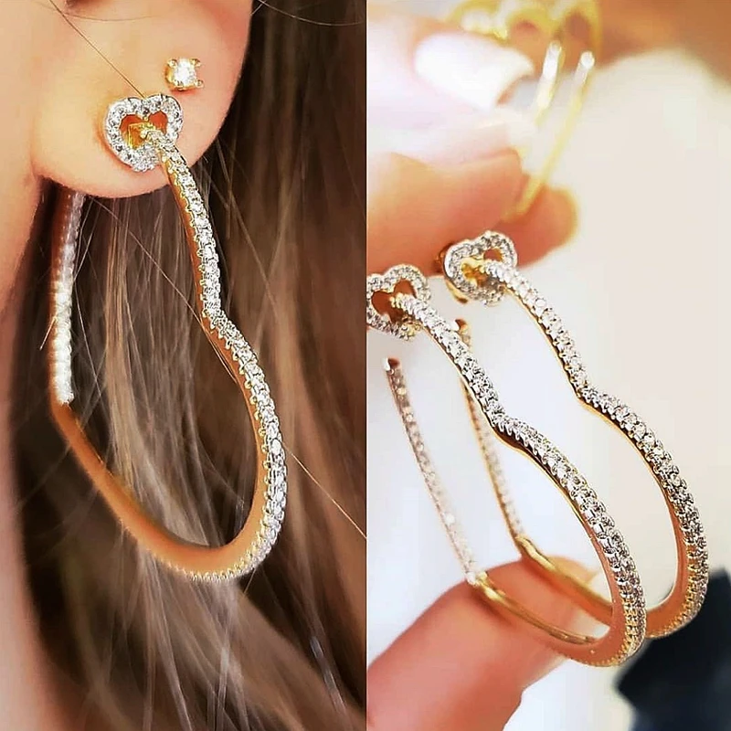 

Simplicity Design Heart Hoop Earrings Personality Pave Cubic Zircon platinum&Gold color Earring Wedding Engagement Jewelry Gift
