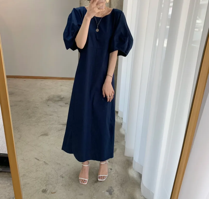 

Summer Women Chic Korean Style Loose O Neck Puff Short Sleeve Dress Vestido De Mujer Casual Retro