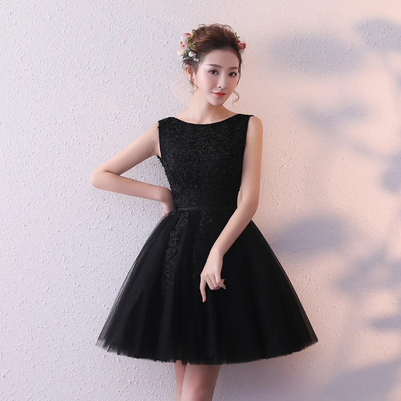 

Prom Gowns Black O-Neck Embroidery Backless A-Line Elegant Knee-length Sleeveless Plus size Customized Woman Party Dress A1801