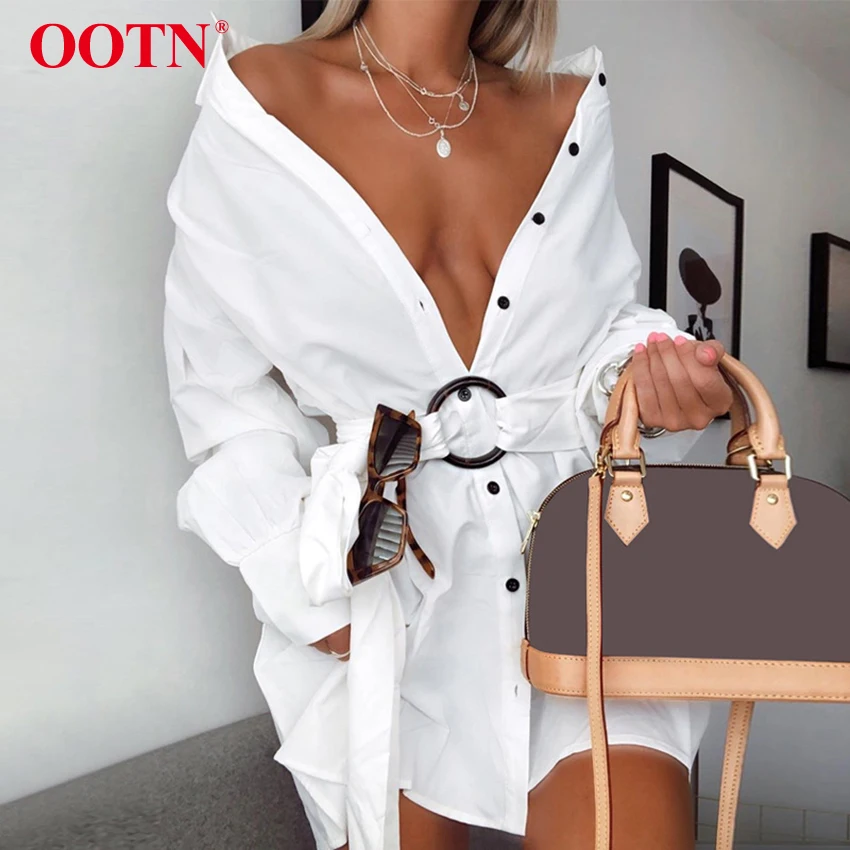 OOTN, отложной воротник, синяя туника, платье-рубашка, женское платье с длинным рукавом и поясом, офисное женское мини-платье, Осень-зима, повседневное белое платье