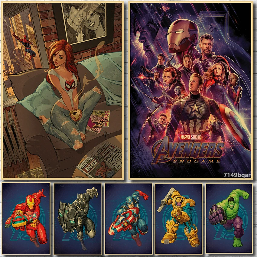 Супергерои Marvel фильмы Мстители: финал Черная пантера Доктор Странный Человек-паук Ретро абстрактный стиль HD постеры Картина на холсте