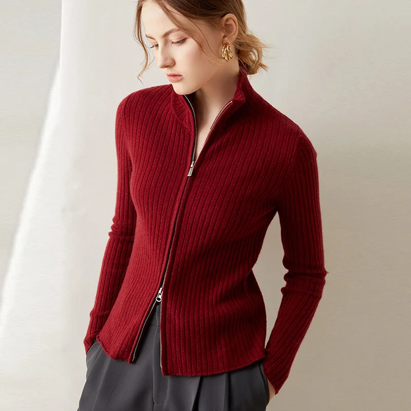 Hot Sale Women Cardigans 100% Pure Goat Cashmere Knitted Jackets Zipper Long Sleeve Solid Color Female Clothes