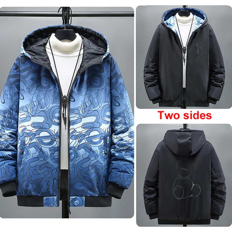 Winter Thick Jacket Men Parkas Fashion Warm Two Sides Jackets Hooded Coats Casual Graffiti Outdoor Outerwear Male Plus Size 10XL