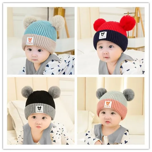 

Autumn Winter Baby Warm Hat Bib Set 1-3 Years Kids Cute Pom Pom Ball Knitted Woolen Hat TBK-72