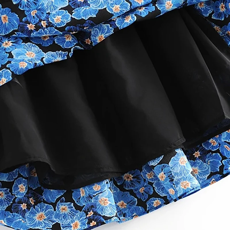 

french style vintage square collar women summer blue mini dress female 2020 fashion puff sleeve floral print elastic dresses