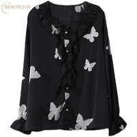 elegant bow printed ruffle blouse women korean black v neck lace top plus size flare sleeve female luxurious spring autumn shirt