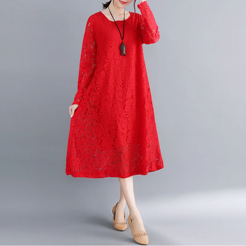 

2020 Spring and Fall Long Dresses Women's Fashion Loose Sexy Vestidos Long Sleeve Casual Office Party Lace Dress Plus Size