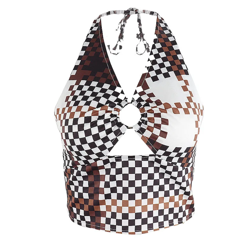 

Momoland Women Sexy V-neck Crop Top Mosaic Print Hollow Out Summer Vest Sleeveless Striped Camis Backless Bandana Y2K E-Girl