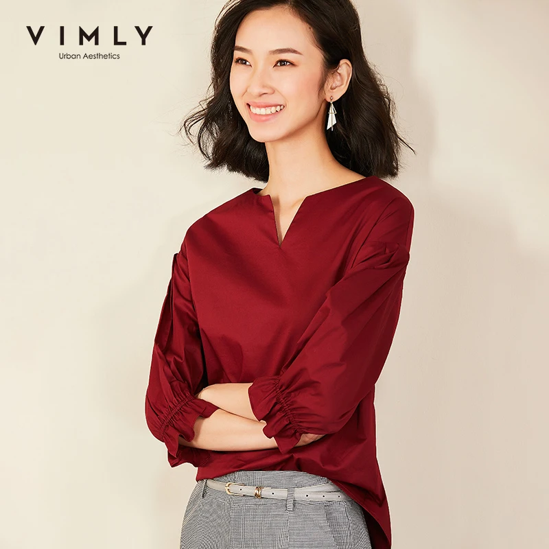 Осень 2020 женская блузка Vimly с V образным вырезом элегантная офисная Дамская