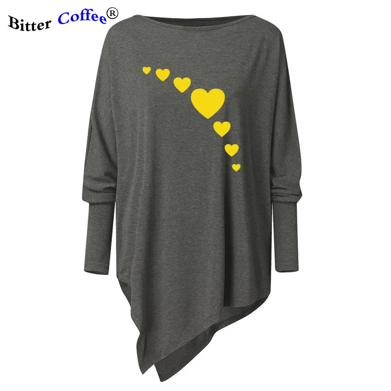 

NEW Fashion Hearts Printed Irregular T-shirts Women Casual Femme Round Neck Long Sleeve Girls Cotton Tees & Tops Plus Size