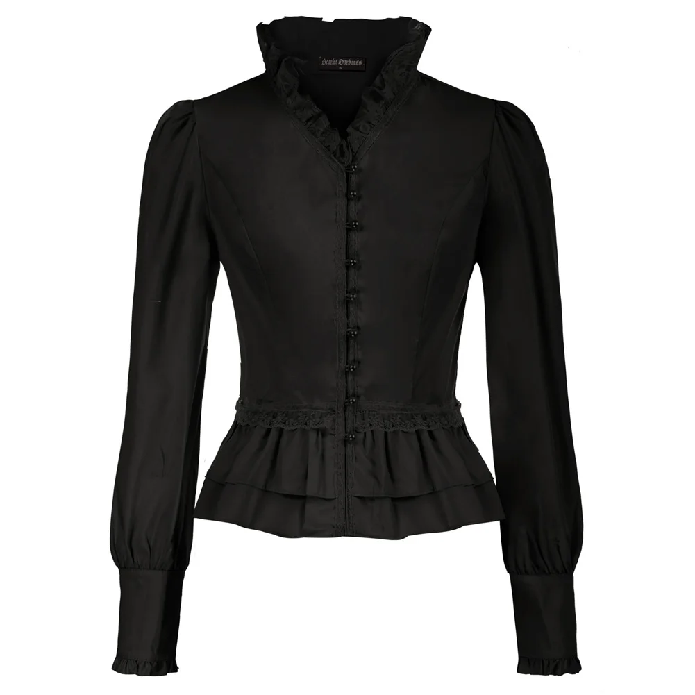 

Women Shirts Victorian Steampunk Gothic Long Sleeve Stand Collar Corset Lacing Tops Clubwear Party Pleated Retro Blouse Ladies