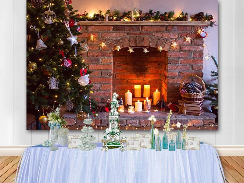 

Xmas Christmas Photography Backdrop Christmas Tree Fireplace Candle Holiday Party Background Vinyl Banner Home Decorations