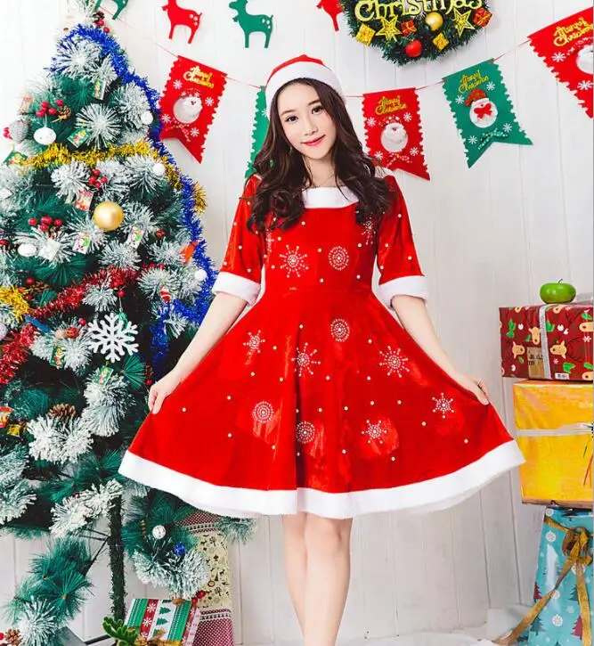 

New Christmas Dress Women Cosplay Costume For Adult 2020 Red Velvet Fur Dresses Sexy Female Santa Claus Costume
