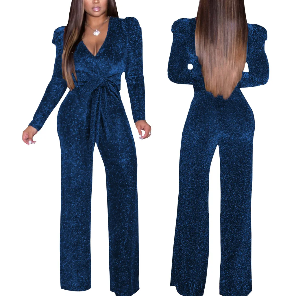 2022 Autumn Casual Blue Elastic Glitter Jumpsuit Women Sexy Long Sleeve V-neck Rompers Fashion Overalls Slim Long Jumpsuits