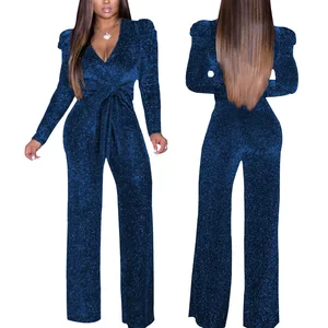 2022 Autumn Casual Blue Elastic Glitter Jumpsuit Women Sexy Long Sleeve V-neck Rompers Fashion Overa in Pakistan