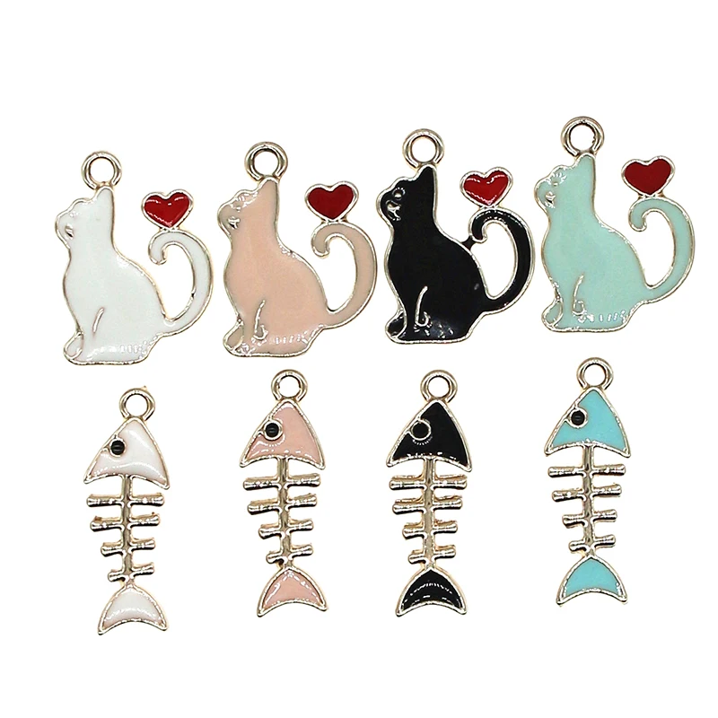 

Cute Animal series Heart Cat 14*20mm Enamel Fish Bones 8*23mm Charms Pendant For DIY Jewelry Earring Bracelets Necklace Finding