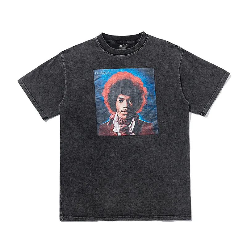

Spring tide American high street old round T-shirt Street wash head picture photo printing Short Sleeve Tee man
