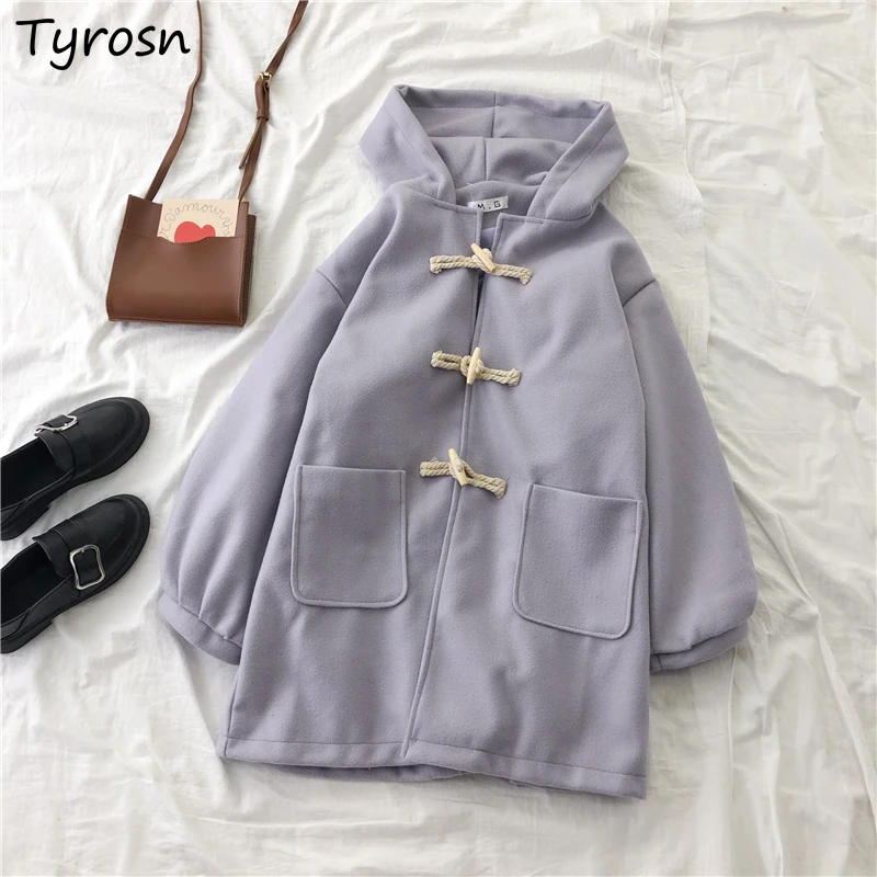 

Women Wool Blends Solid Sweet Girls With Hat Outwear Horn Button Kawaii Preppy Style Ulzzang Female Thickening Warm Cozy Fashion