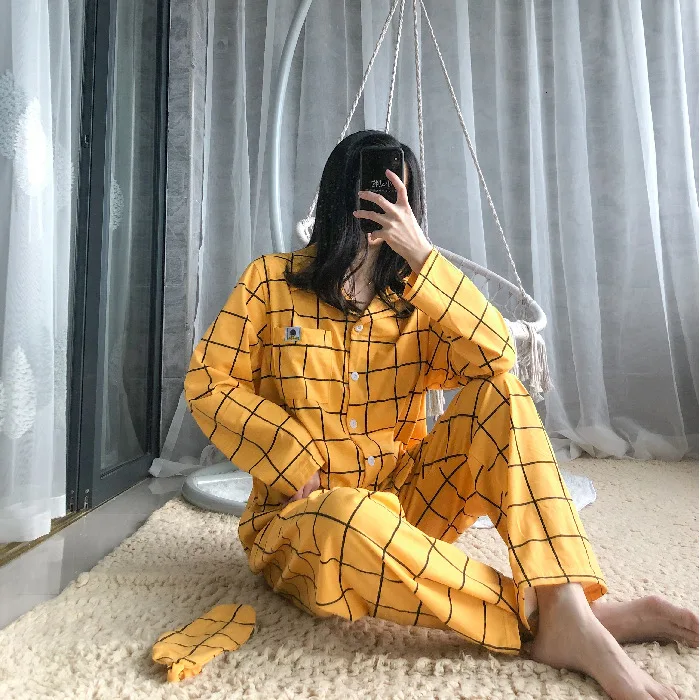 Осень Новый хлопок женские длинные рукава брюки пижамный комплект желтый плед