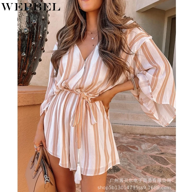 

WEPBEL Striped Bandage Playsuits Women's Casual Loose Playsuits Autumn Fashion Flared Sleeves V-neck Wide Leg Playsuits