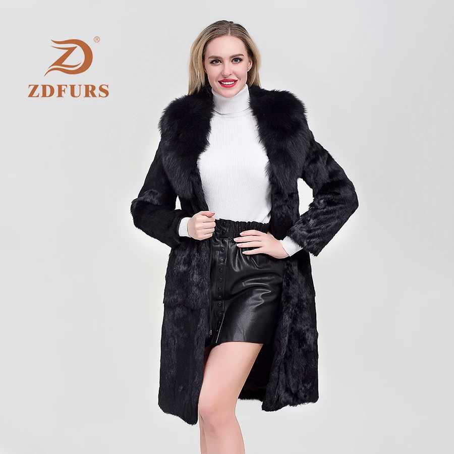ZDFURS*Luxury Long Customize Plus Size Factory Real Price Genuine Rabbit Real Fur Coat Women Fur Jacket New Winter