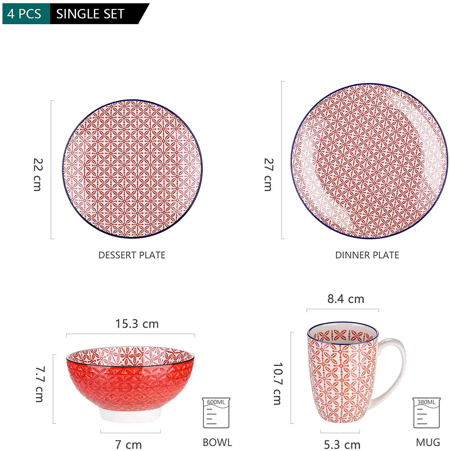 

Vancasso Macaron 4 Pieces Porcelain Hand Painted Dinnerware Set with 1*Dinner Plate,Dessert Plate,Cereal Bowl,300ml Mug Set