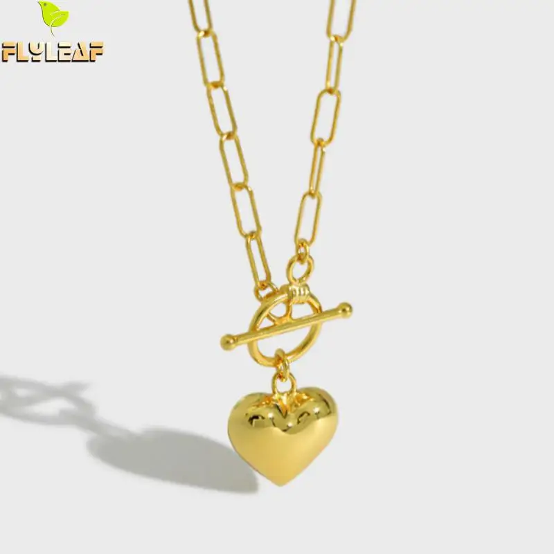 

925 Sterling Silver Gold Heart Necklace Women Luxury Handmade Lady Student Party Fine Jewelry Birthday Gift Flyleaf