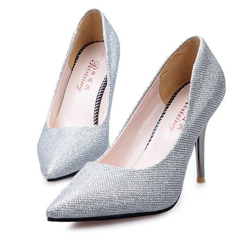 Женские туфли на высоком каблуке WSH3179 серебристые с закрытым носком и острым
