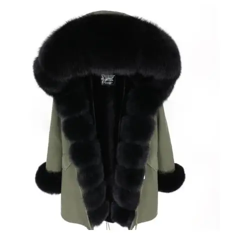 green black fur Брендовая длинная шуба из натурального Лисьего меха со съемным воротником, женские зимние куртки, толстая теплая меховая парка, пальто из натурального меха - Цвет: green black fur