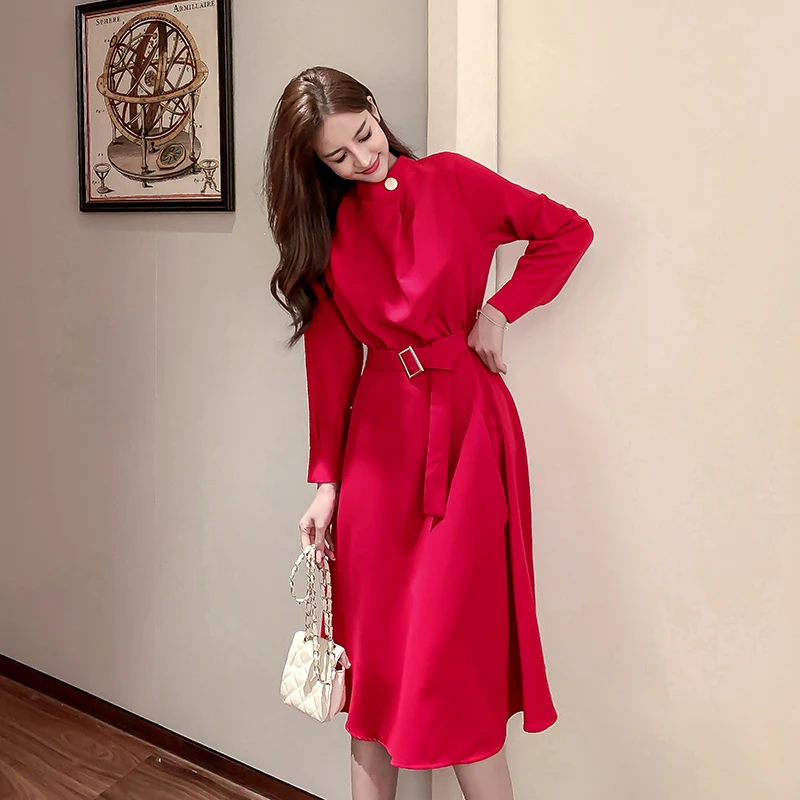 

Elegant Women Midi Dress Sexy Long Sleeve Solid Dresses Female Chic Korean Belt Vestidos Dropshipping