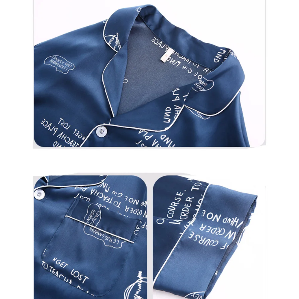 

Night Pajamas for Men Satin Pyjama Set Silk ASleeping Suit Autumn Spring Homewear Clothes Printed Longe Pants Nightgown