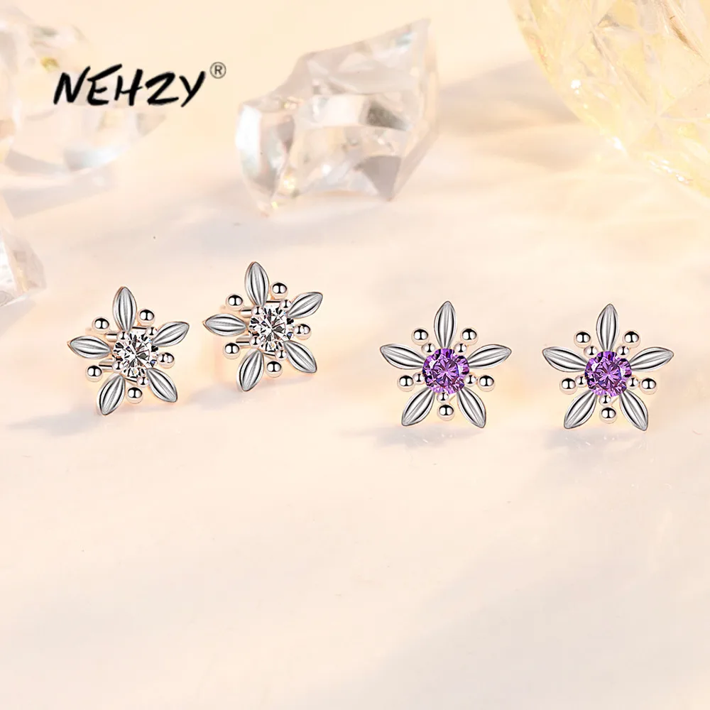 

NEHZY S925 Stamp Silver New Woman Fashion Jewelry High Quality Crystal Zircon Pastoral Flower Simple Stud Earrings