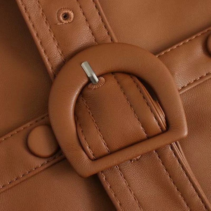 2021 Fashion Ladies Shirt Jacket Vintage Woman PU Sashes Autumn Brown Turn Down Collar Outerwear Female Casual Long Coats