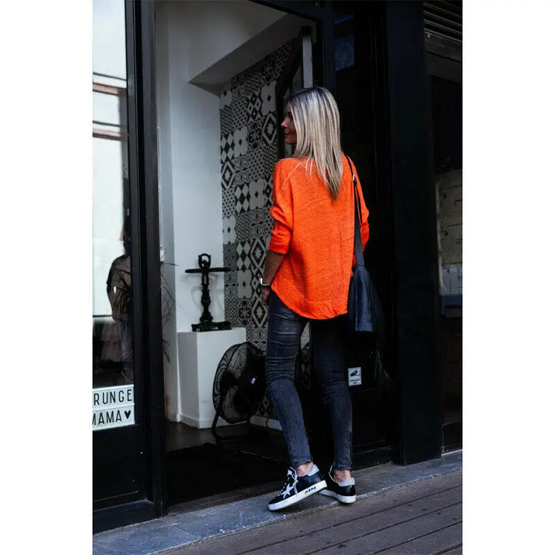 

AU Women's Linen Long Sleeve Baggy V Neck Sweatshirt Casual Tops Loose Top