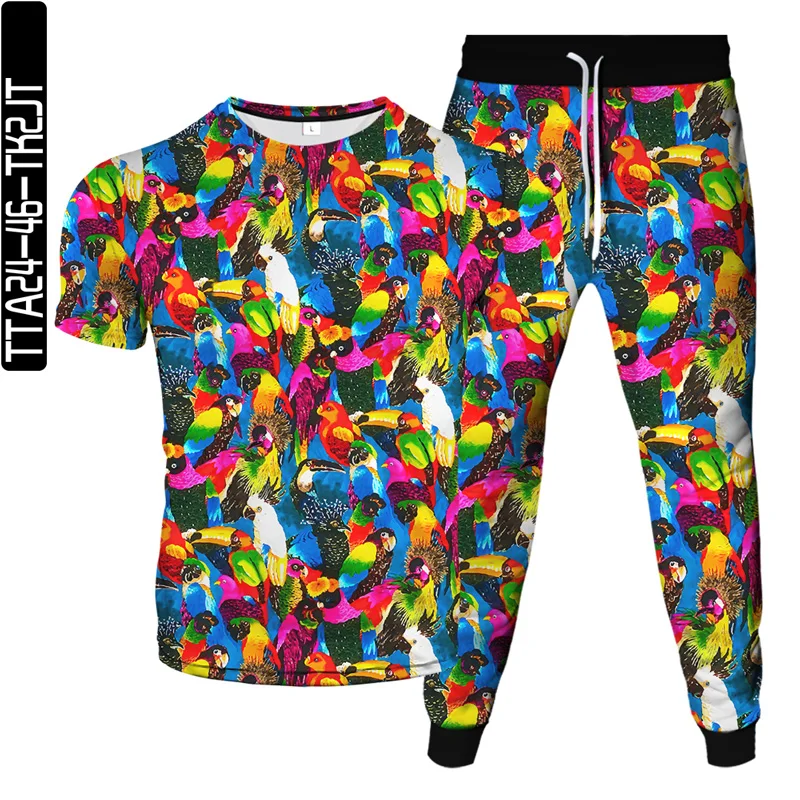 

Summer new brand men's T-shirt + sports pants two-piece 3D printing bird jogger fashion leisure outdoor fitness clothes S-6XL
