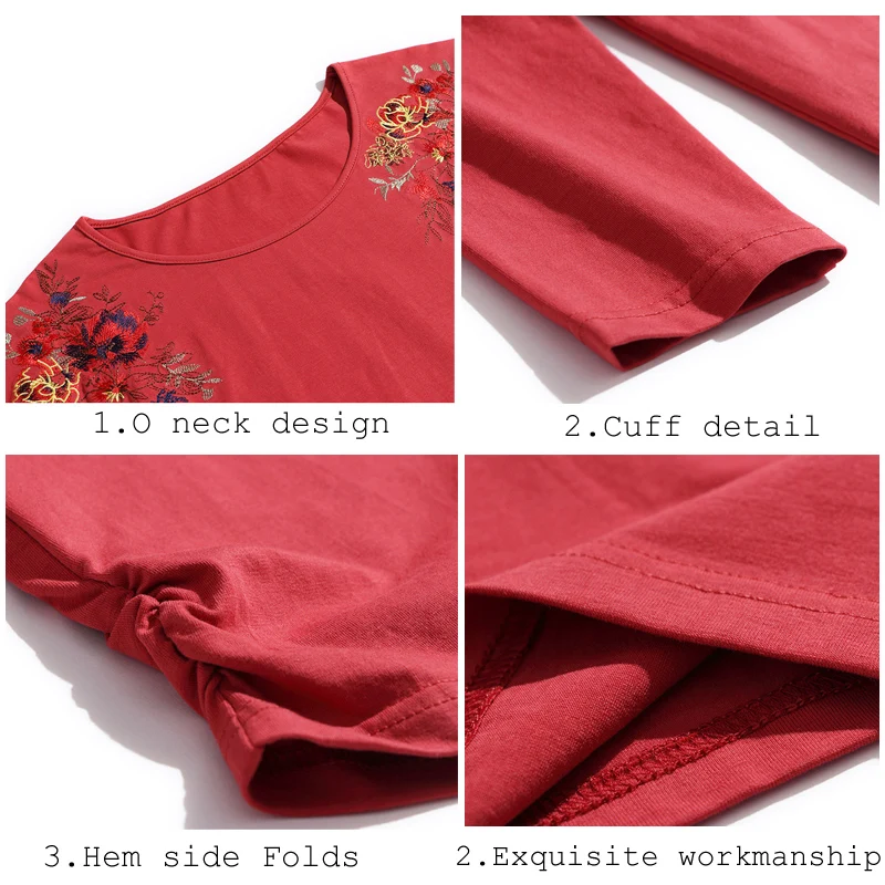 Mon Flower Embroidery Long Sleeve Tshirt Women O-Neck Fashion Clothes Female Folds Tee Shirts Casual | Женская одежда