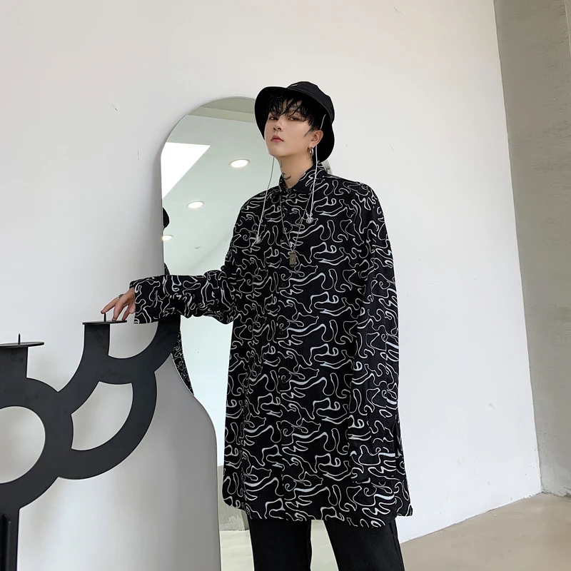 Men Shirt New Long Sleeve Loose Casual Pattern Print Male Streetwear Hip Hop Dress Stage Show Costumes | Мужская одежда