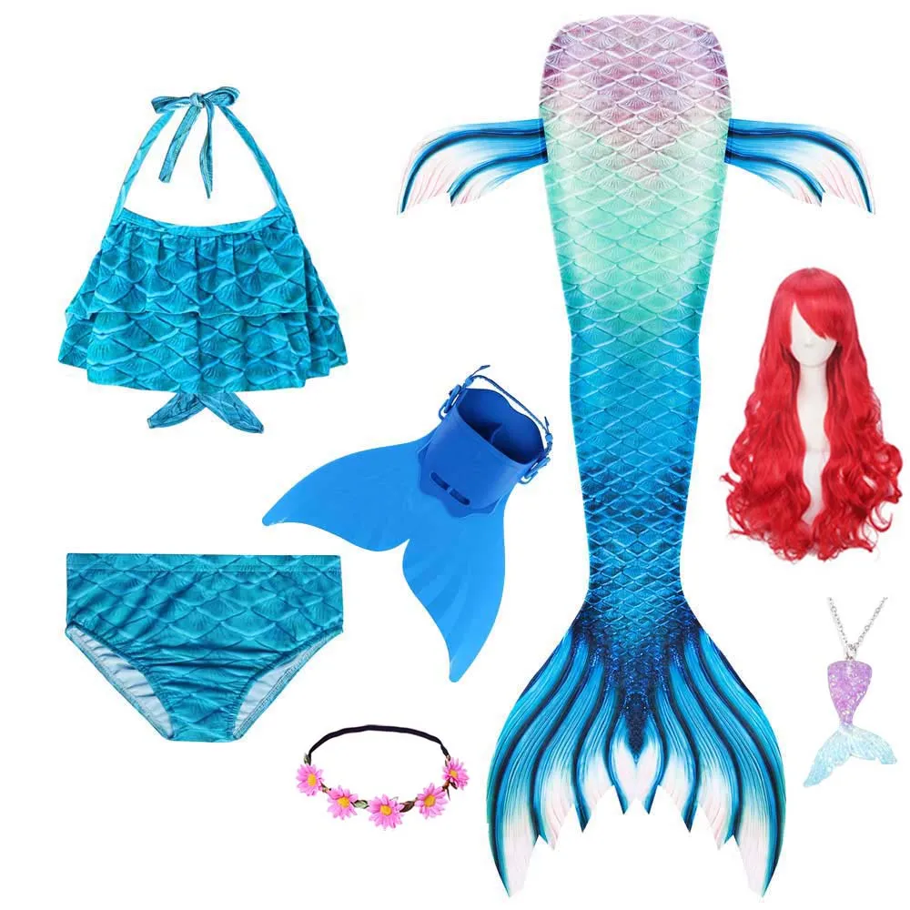 New Hot Girls Swimming Mermaid Tail Costume Kids Cosplay with Monofin/Fin Flower Halloween Christmas Wig | Тематическая одежда и