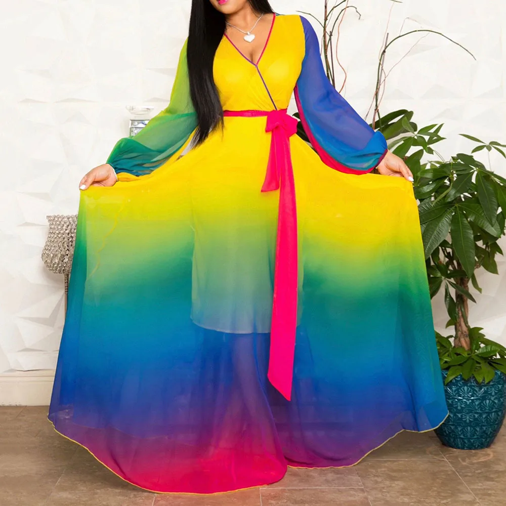Женское длинное шифоновое платье в африканском стиле разноцветное пол с поясом