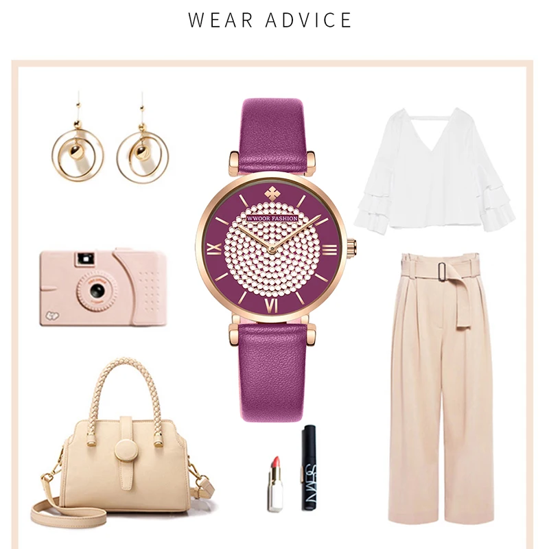 

Leather Strap 2021 WWOOR Women Watch Fashion Casual Dress Ladies Quartz Watches Diamond Waterproof Female Wristwatch Reloj Mujer
