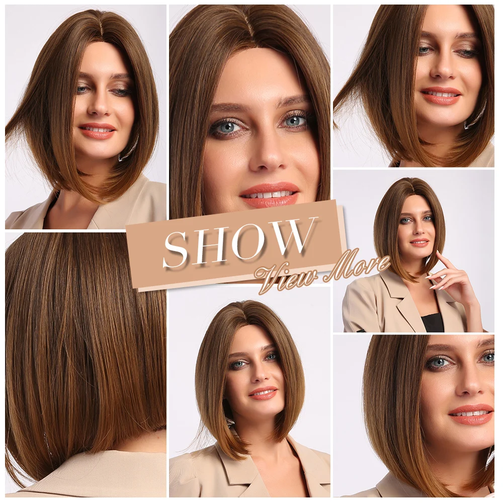 

LOUIS FERRE Straight Short Bob Wig Brown Synthetic Wigs Natural Hairline Wig for Women Middle Part Heat Resistant Fibre