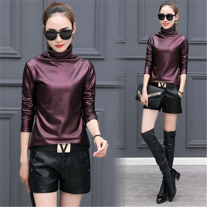 New Spring Autumn Women's Clothing Long Sleeve Turtleneck PU Leather Pullover Fleece Warm 2022 Lady Trendy Tops Female  281