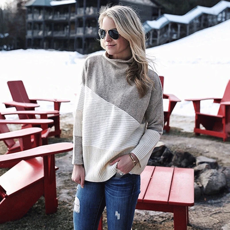 

Irregular Matching Long-sleeved Curled Half-high O-Neck Sweater Casual Warm Bottom Outer Pullover Autumn Winter Fashion New