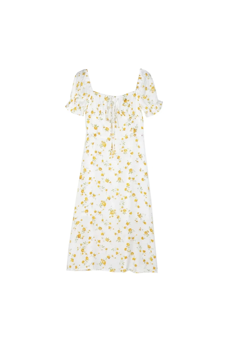 

Girl Gentle Wind Floral Dress Summer New Style Square Neck Bubble Sleeve Lace Up Sweet Mid Long Holiday Skirt