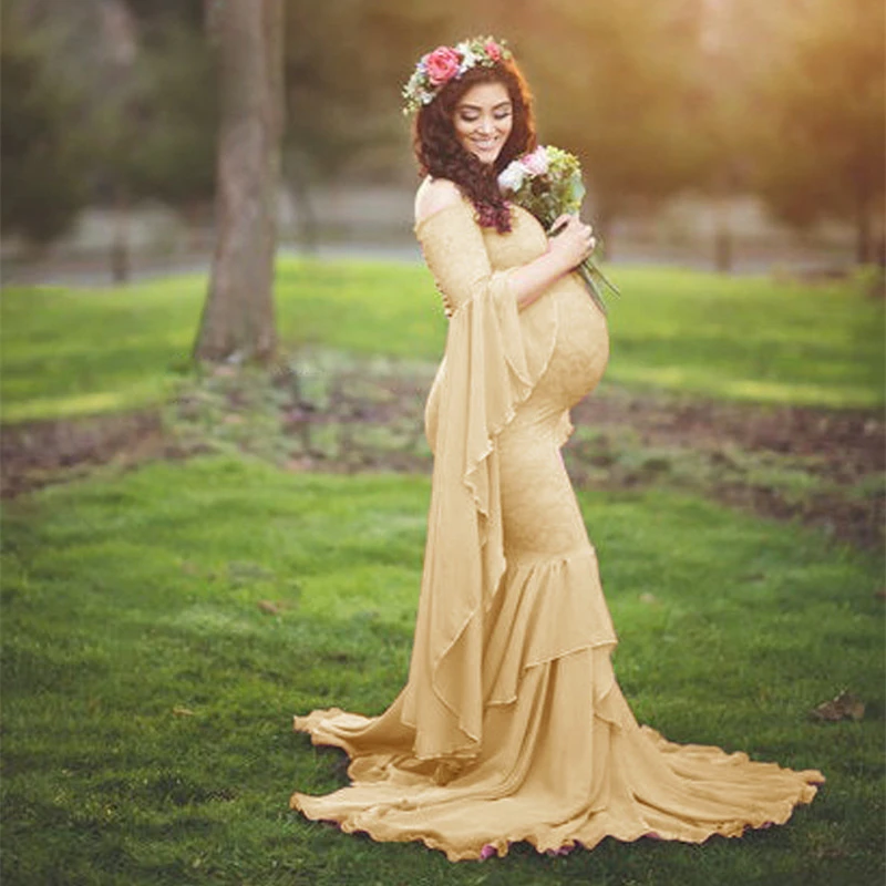 Платье с открытыми плечами для беременных платье фотосъемки кружевом макси