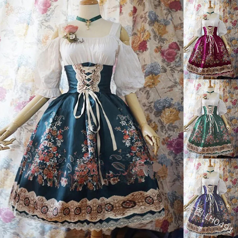 

2020 New Print Flower Women Slim Dress Vintage Princess Gown Gothic Style Girl Lolita Cosplay Costume Renaissance Dresses 5XL