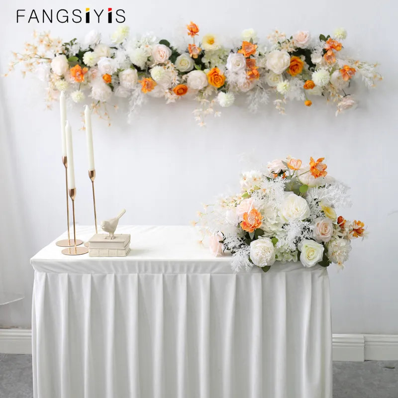 

White Orange Artificial FlowerArrangement Outdoor Wedding Arch Decor Flower Row Road Lead Flower Ball Party Scene Layout Custom