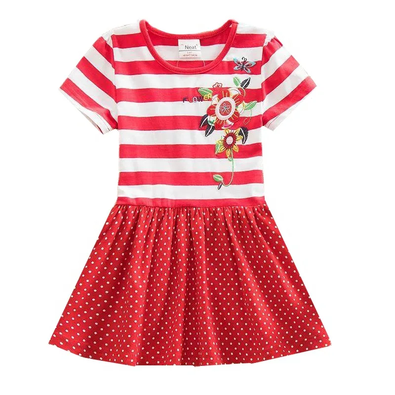 Хлопковое платье в горошек для девочек с цветочной вышивкой коротким рукавом